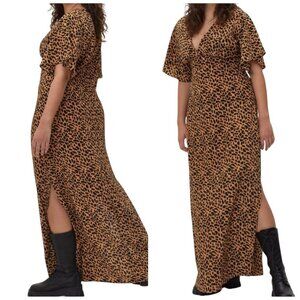 Nasty Gal Leopard Print Maxi Dress US 10 Flutter Sleeve Side Slit